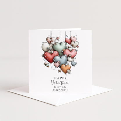 Valentines Card for Wife, Cute Hanging Hearts Valentine Card, Personalised Wife Valentine’s Day Card, Romantic Printed Card