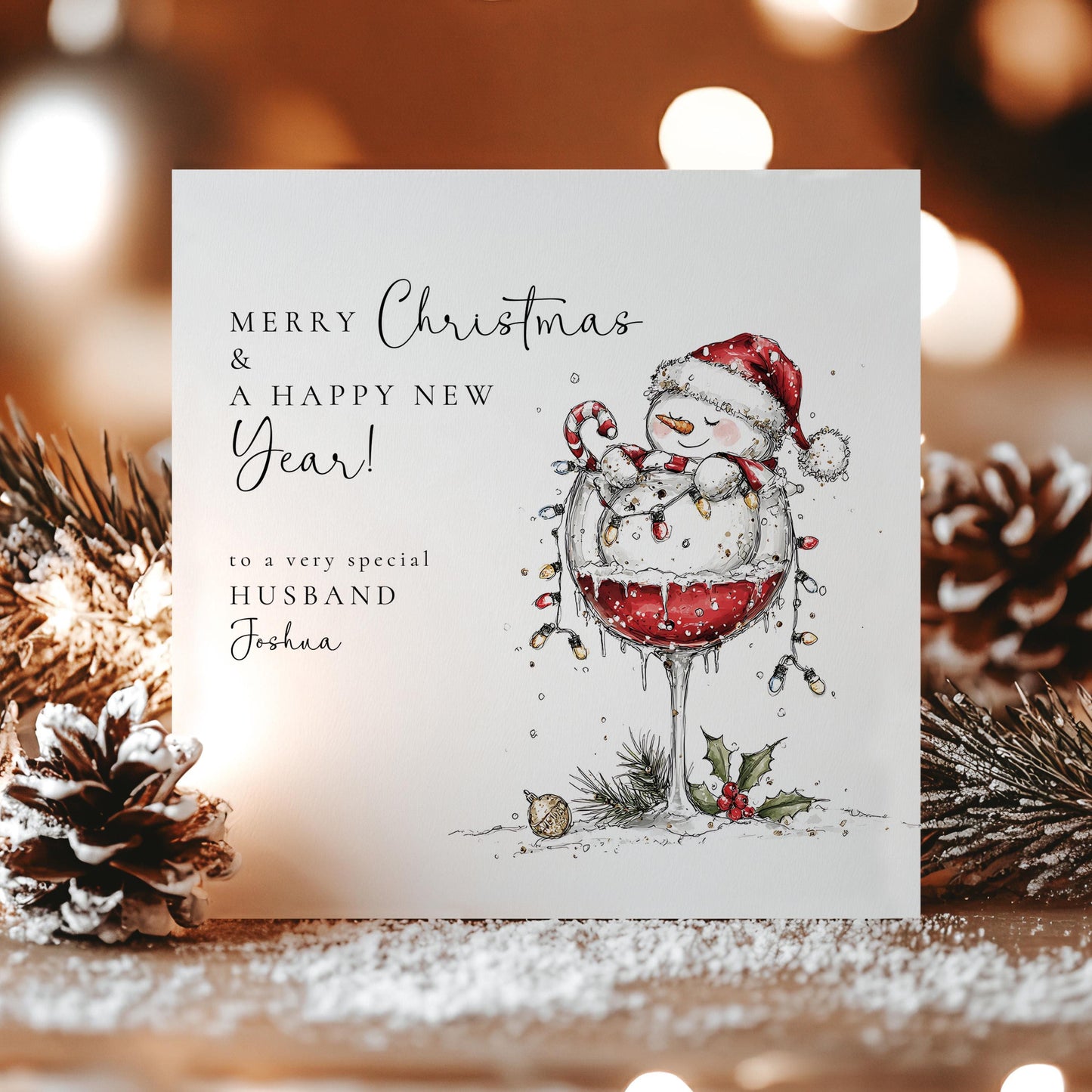 Husband Christmas & New Year Card, Funny Snowman Card, Personalised Xmas Card for Husband, Custom Name Card, Festive Wine Glass Card UK