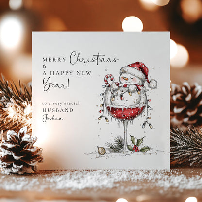 Husband Christmas & New Year Card, Funny Snowman Card, Personalised Xmas Card for Husband, Custom Name Card, Festive Wine Glass Card UK
