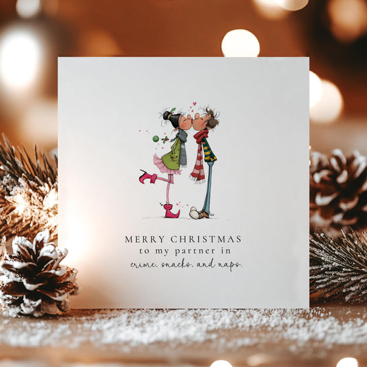 Funny Christmas Card Partner in Crime, Cute Xmas Card for Boyfriend Girlfriend Husband Wife, Romantic & Humorous Christmas Card