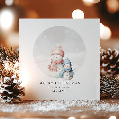 Christmas Card for Mummy from Son, Personalised Snowman Family, Cute Winter Scene, Custom Name Christmas Card for Mum, From Little Boy