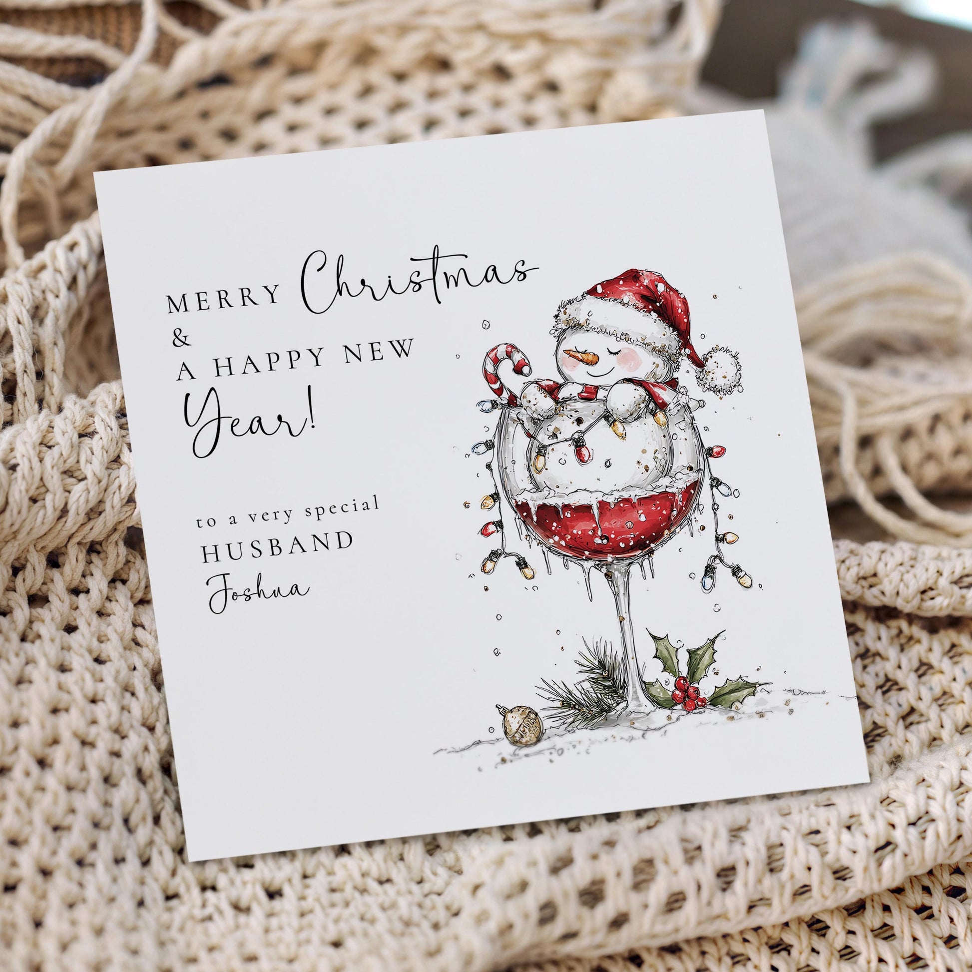 Husband Christmas & New Year Card, Funny Snowman Card, Personalised Xmas Card for Husband, Custom Name Card, Festive Wine Glass Card UK