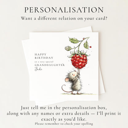 Granddaughter Birthday Card, Personalised Mouse Birthday Card, Cute Animal Birthday Card for Granddaughter, Custom Name Printed Card