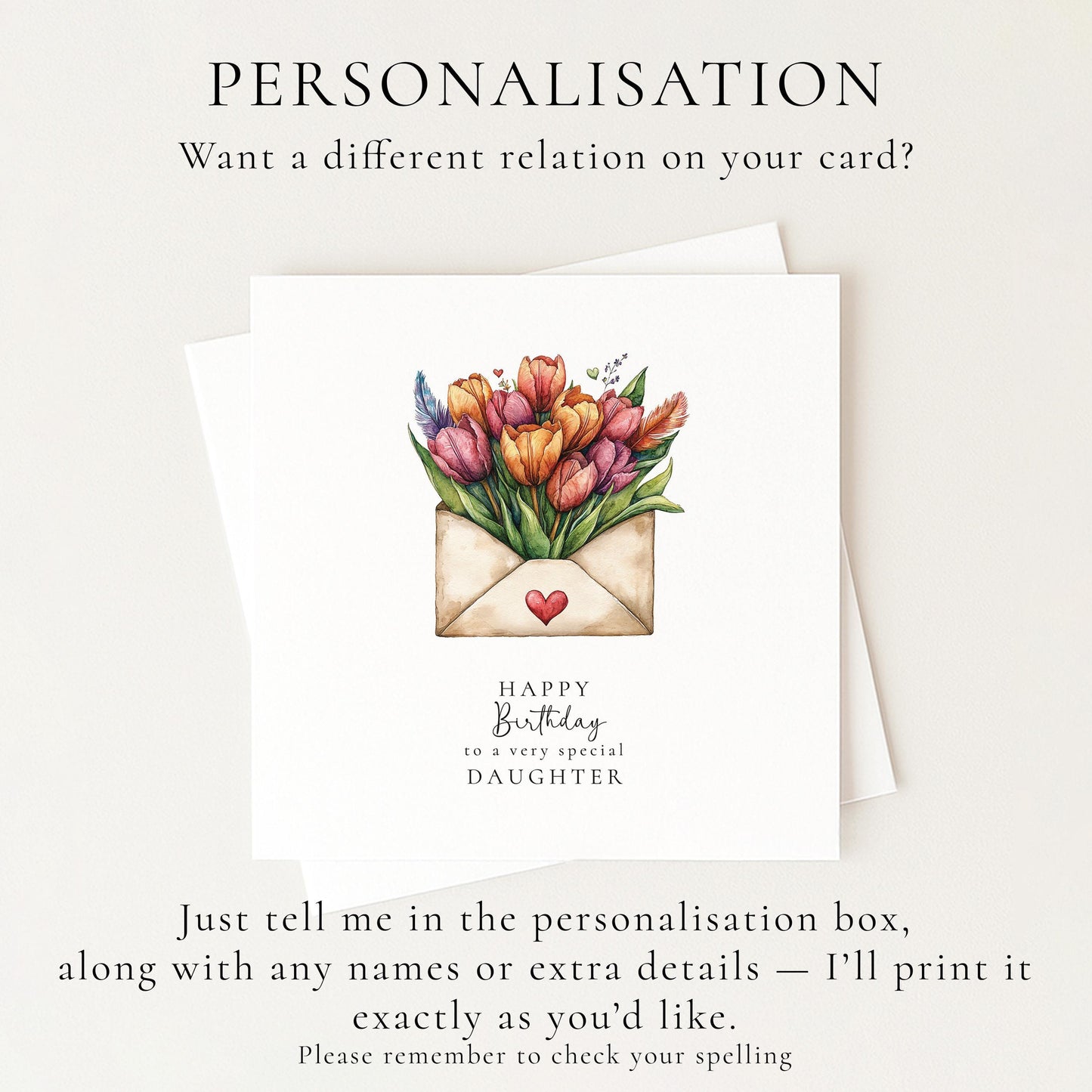 Happy Birthday Daughter Card, Floral Envelope Design, Tulip Birthday Card for Daughter, Elegant Handmade Card