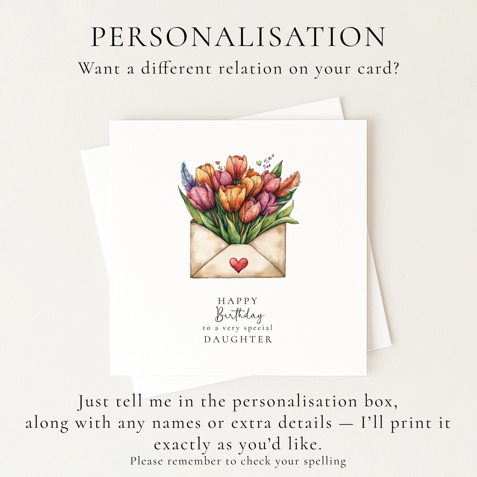 Happy Birthday Daughter Card, Floral Envelope Design, Tulip Birthday Card for Daughter, Elegant Handmade Card