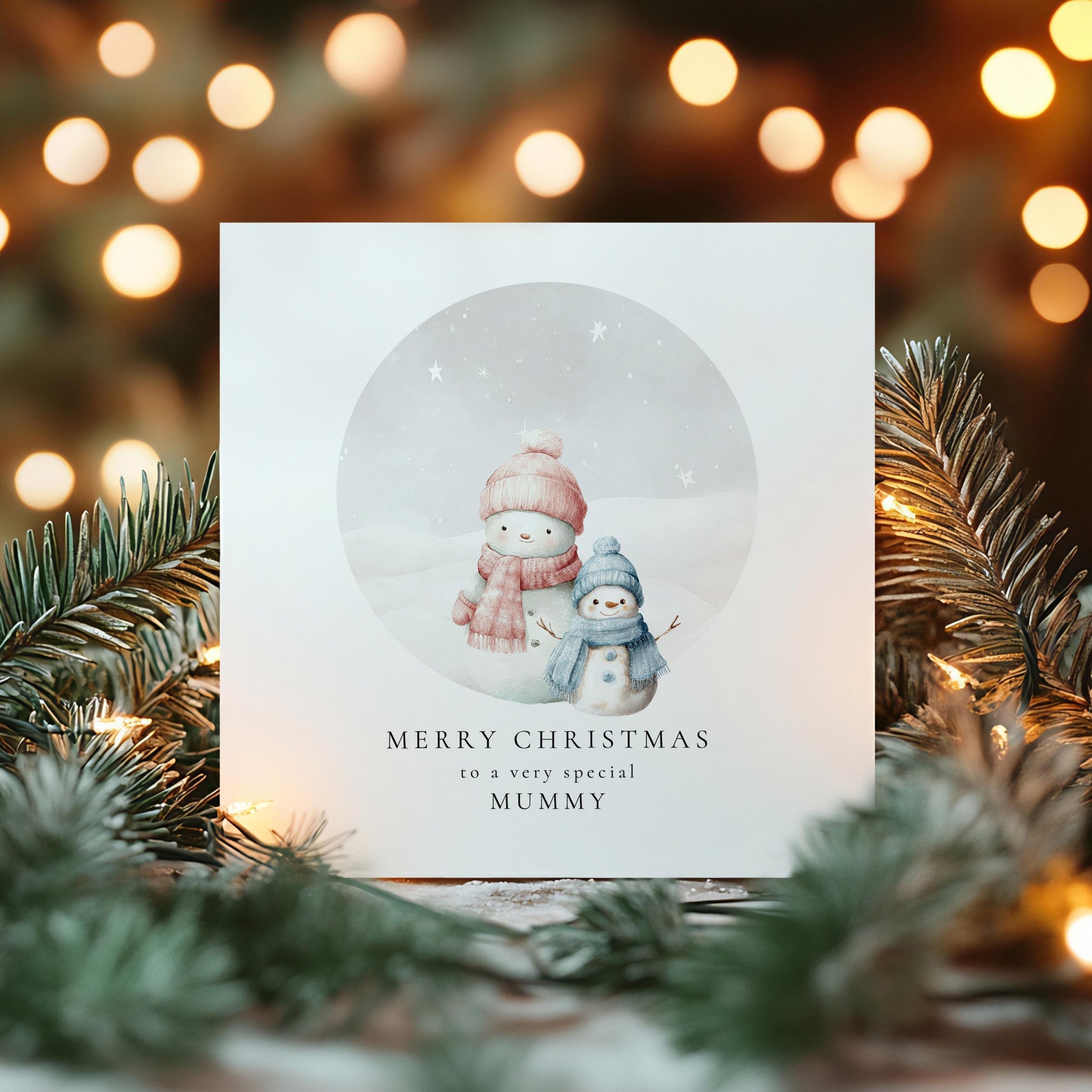 Christmas Card for Mummy from Son, Personalised Snowman Family, Cute Winter Scene, Custom Name Christmas Card for Mum, From Little Boy