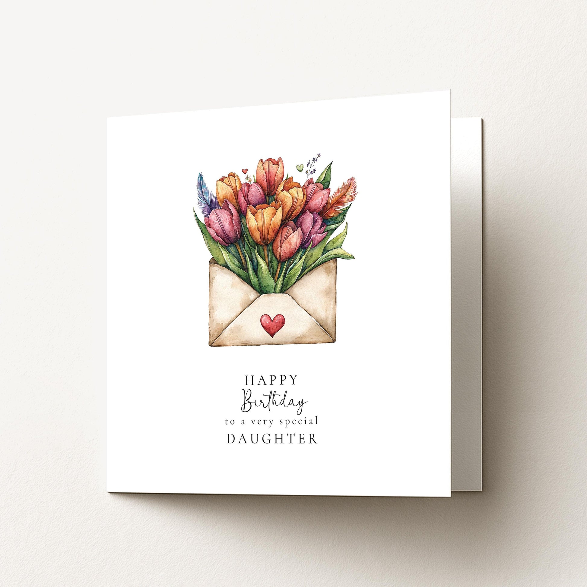 Happy Birthday Daughter Card, Floral Envelope Design, Tulip Birthday Card for Daughter, Elegant Handmade Card