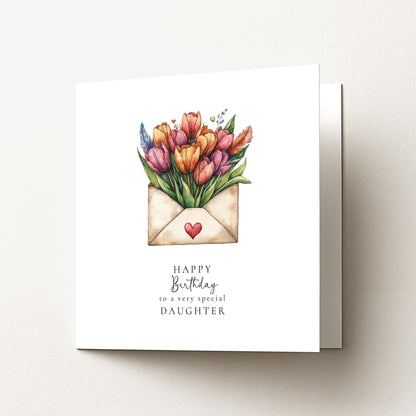 Happy Birthday Daughter Card, Floral Envelope Design, Tulip Birthday Card for Daughter, Elegant Handmade Card