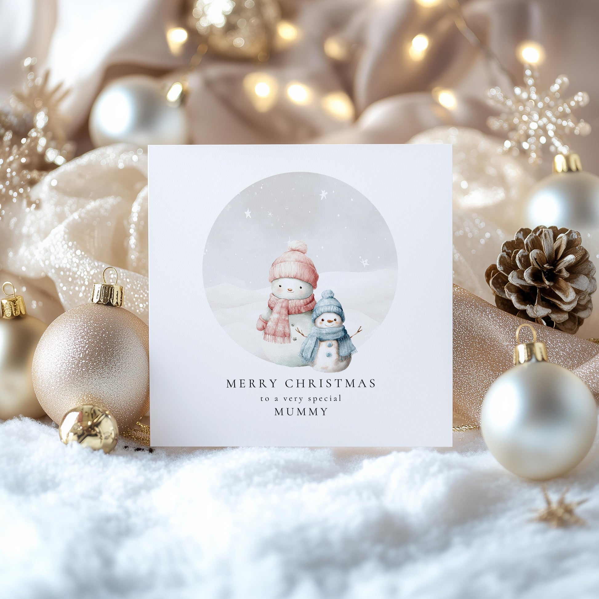 Christmas Card for Mummy from Son, Personalised Snowman Family, Cute Winter Scene, Custom Name Christmas Card for Mum, From Little Boy
