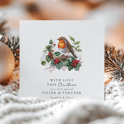 Personalised Sister & Partner Christmas Card, Robin Xmas Card, Custom Name Christmas Card, Special Couple Festive Card