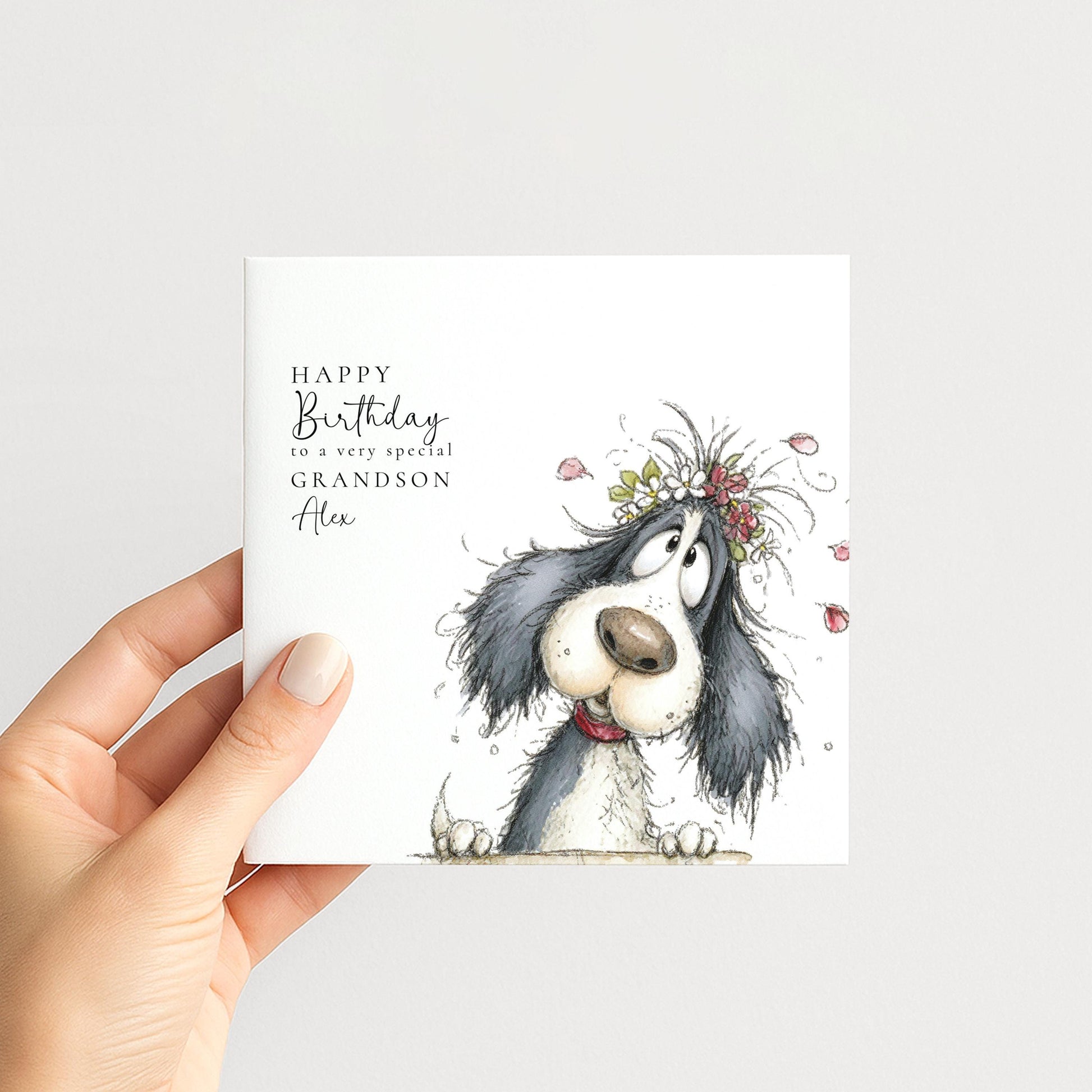 Grandson Birthday Card, Cute Dog Birthday Card for Grandson, Personalised Grandson Card, Floral Dog Illustration, Printed Birthday Card