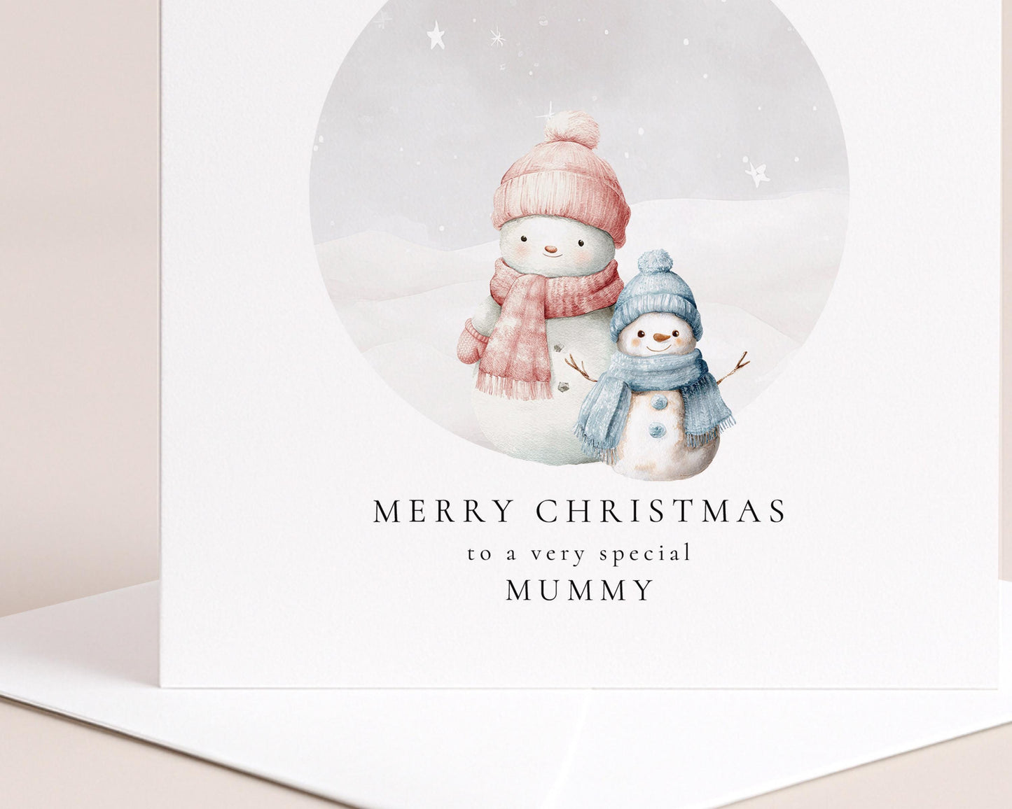 Christmas Card for Mummy from Son, Personalised Snowman Family, Cute Winter Scene, Custom Name Christmas Card for Mum, From Little Boy