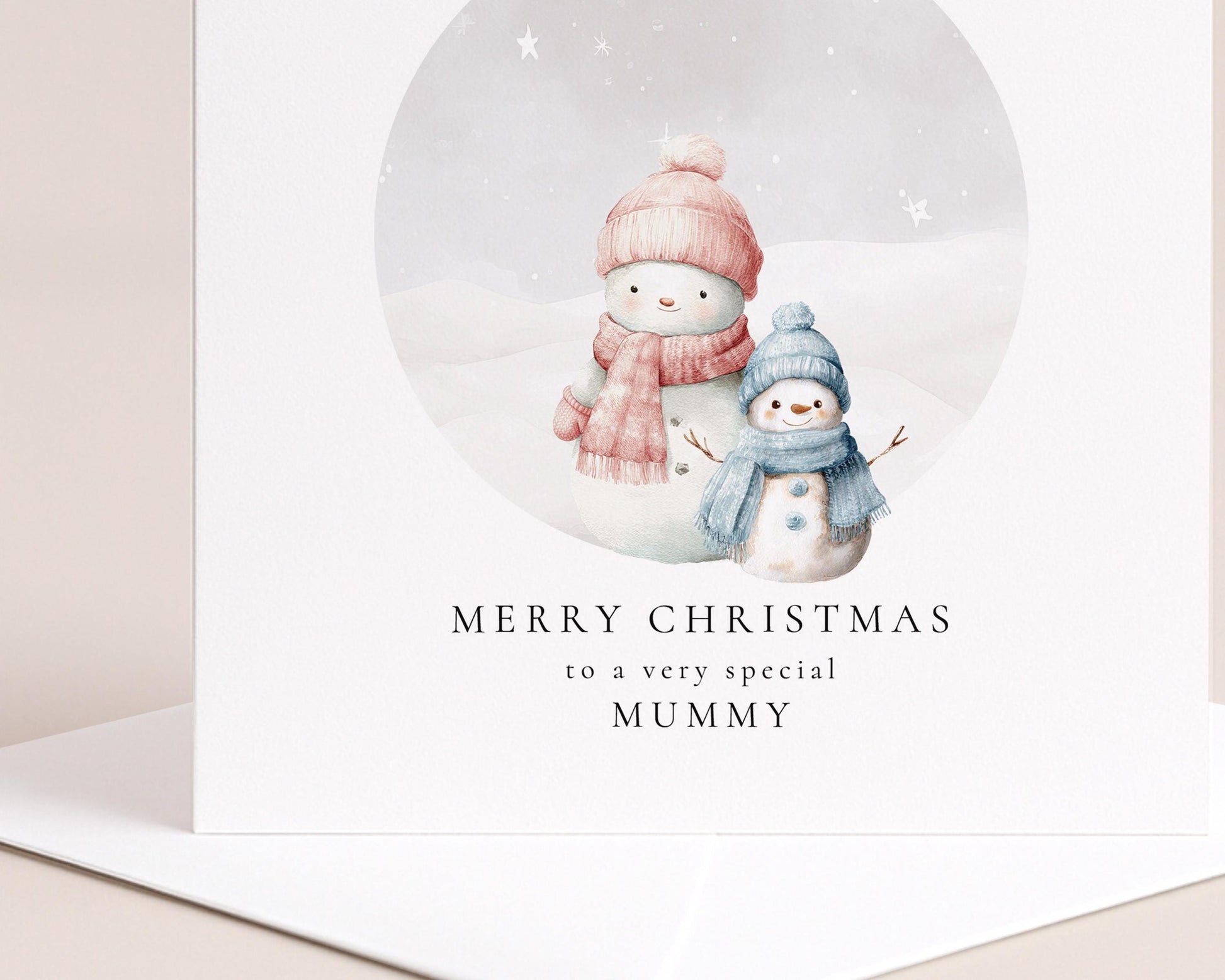 Christmas Card for Mummy from Son, Personalised Snowman Family, Cute Winter Scene, Custom Name Christmas Card for Mum, From Little Boy