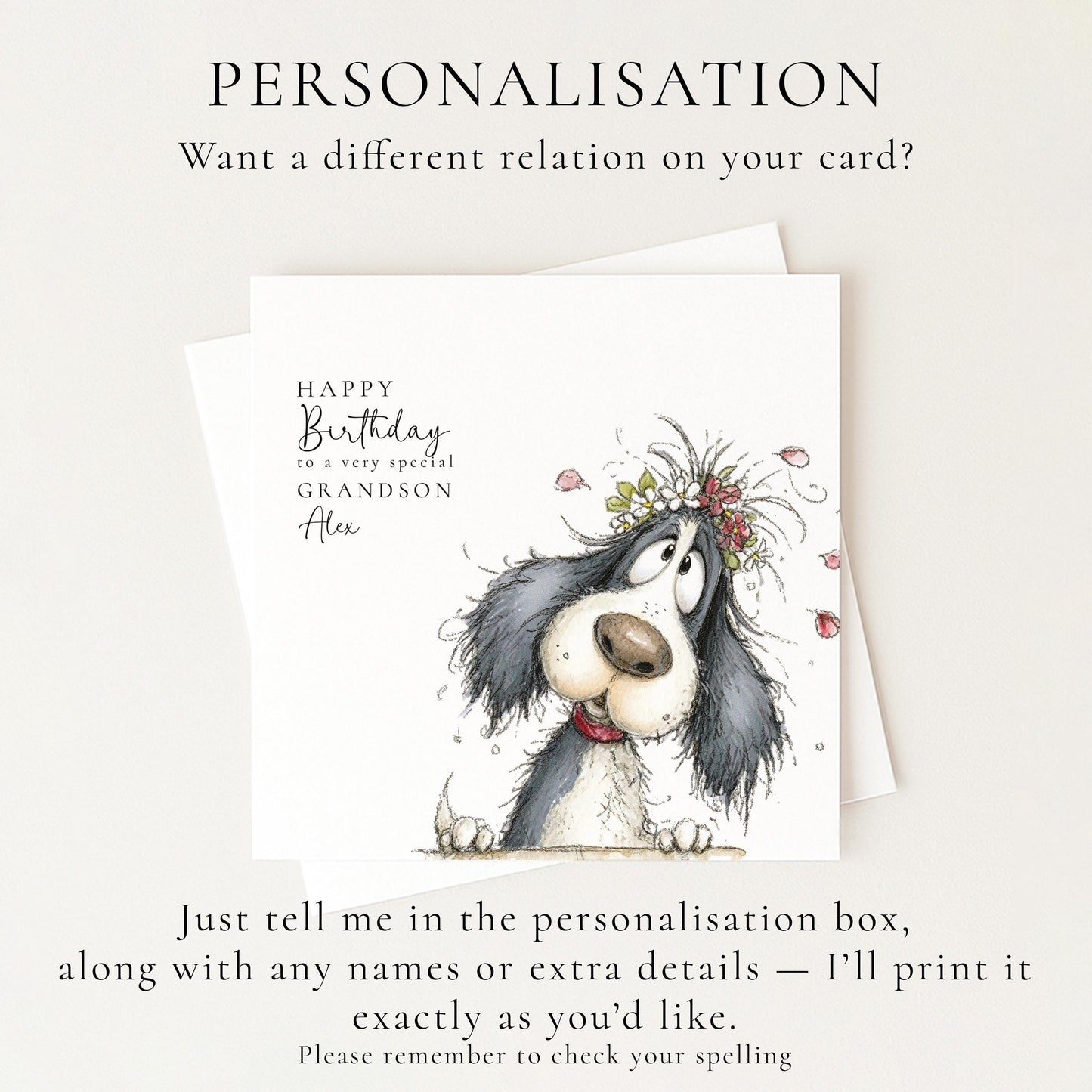 Grandson Birthday Card, Cute Dog Birthday Card for Grandson, Personalised Grandson Card, Floral Dog Illustration, Printed Birthday Card