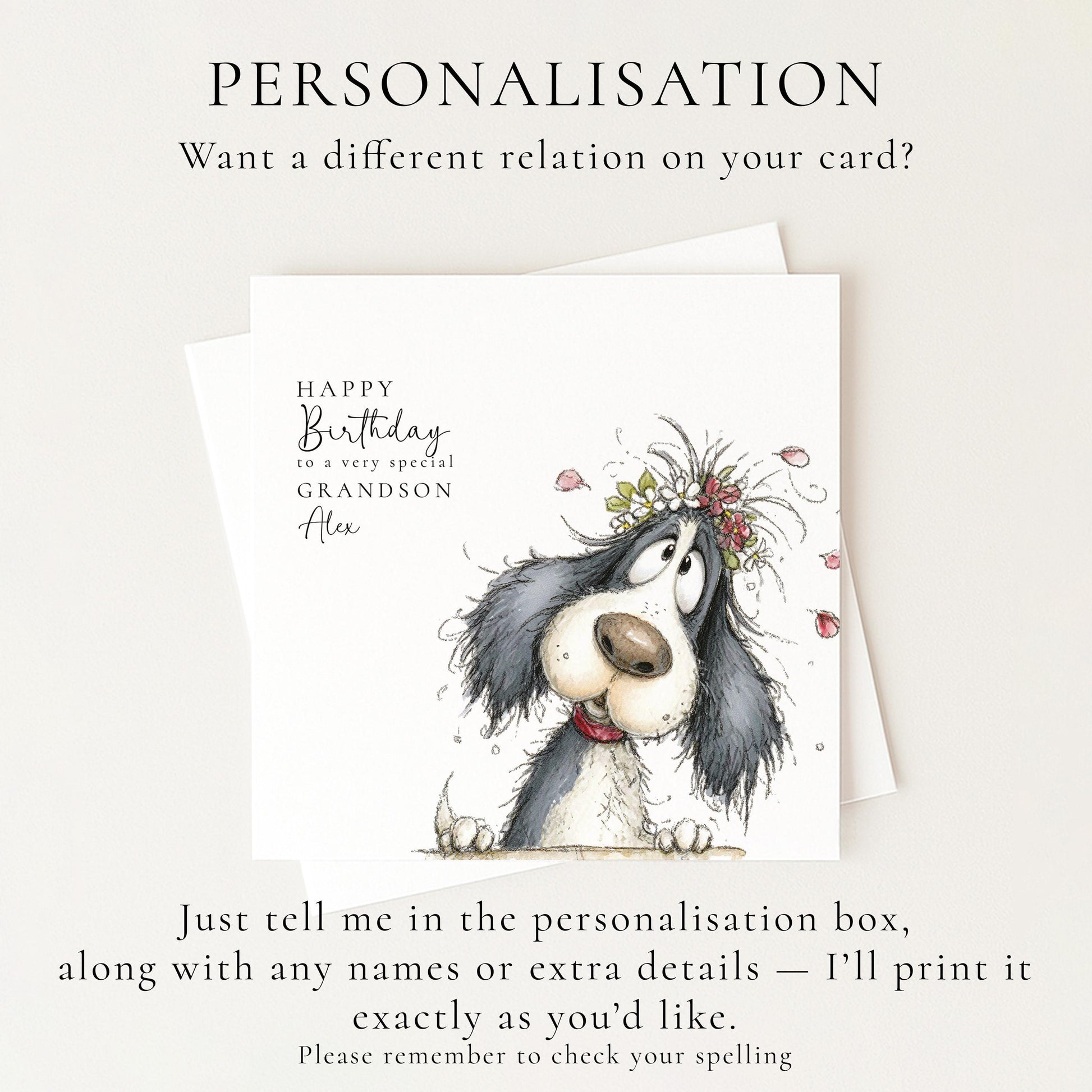 Grandson Birthday Card, Cute Dog Birthday Card for Grandson, Personalised Grandson Card, Floral Dog Illustration, Printed Birthday Card