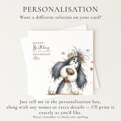 Grandson Birthday Card, Cute Dog Birthday Card for Grandson, Personalised Grandson Card, Floral Dog Illustration, Printed Birthday Card