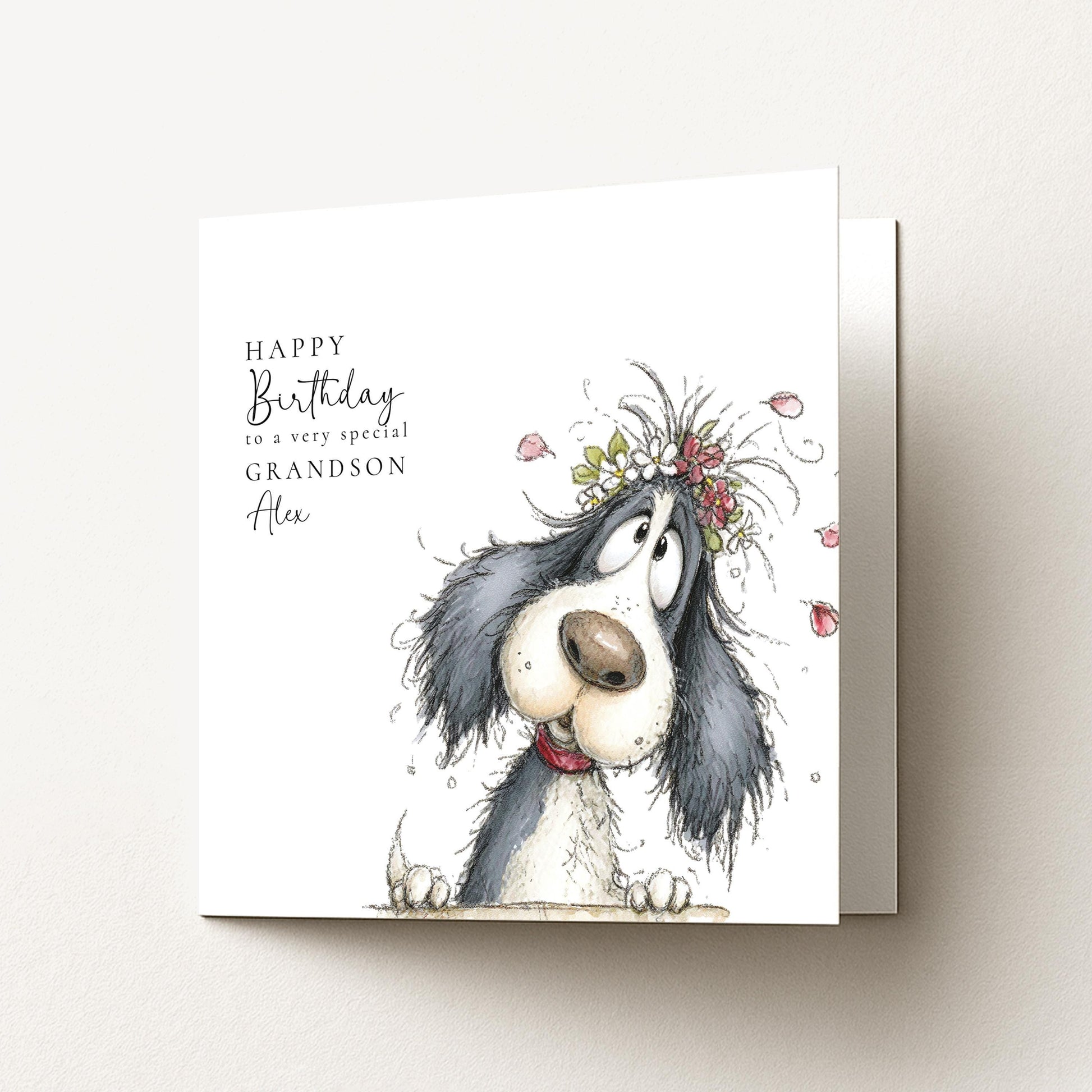 Grandson Birthday Card, Cute Dog Birthday Card for Grandson, Personalised Grandson Card, Floral Dog Illustration, Printed Birthday Card
