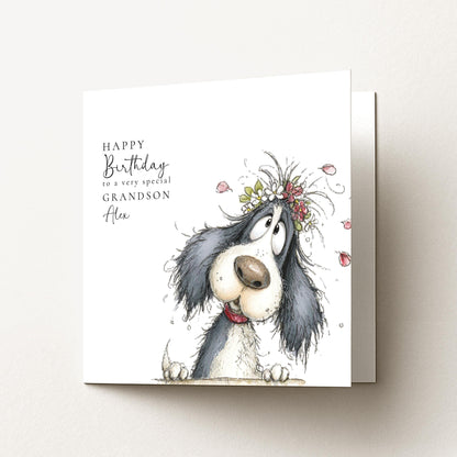 Grandson Birthday Card, Cute Dog Birthday Card for Grandson, Personalised Grandson Card, Floral Dog Illustration, Printed Birthday Card
