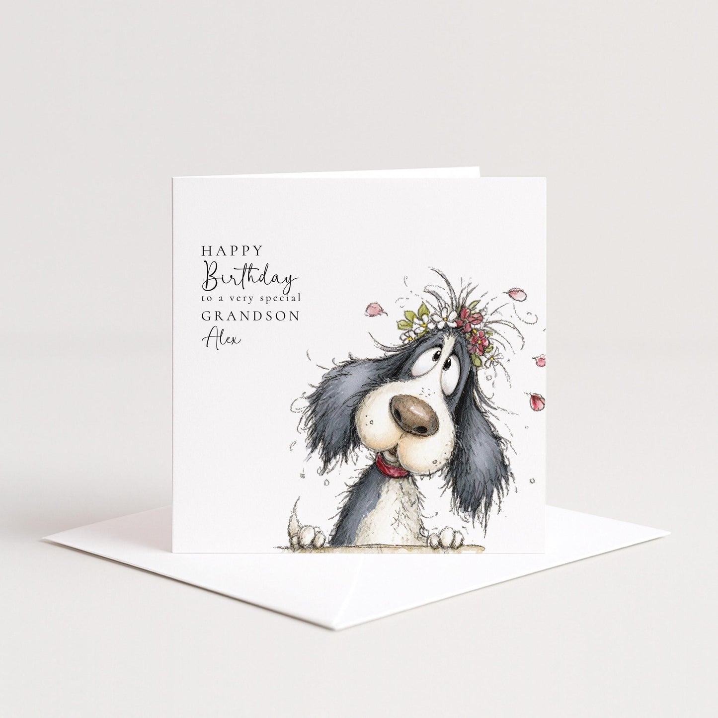 Grandson Birthday Card, Cute Dog Birthday Card for Grandson, Personalised Grandson Card, Floral Dog Illustration, Printed Birthday Card