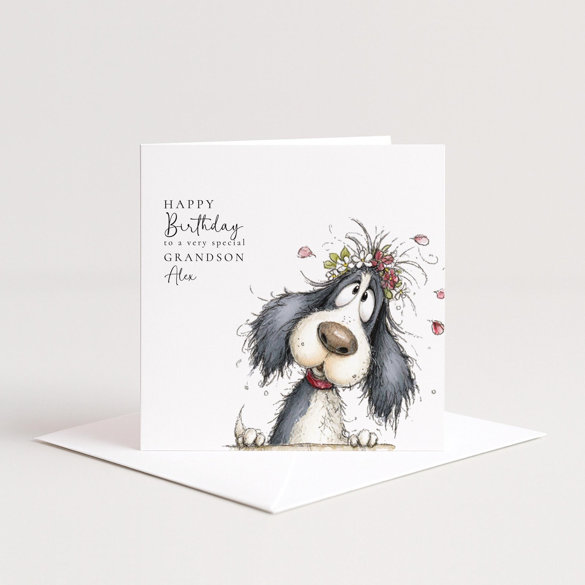 Grandson Birthday Card, Cute Dog Birthday Card for Grandson, Personalised Grandson Card, Floral Dog Illustration, Printed Birthday Card