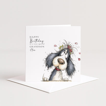 Grandson Birthday Card, Cute Dog Birthday Card for Grandson, Personalised Grandson Card, Floral Dog Illustration, Printed Birthday Card