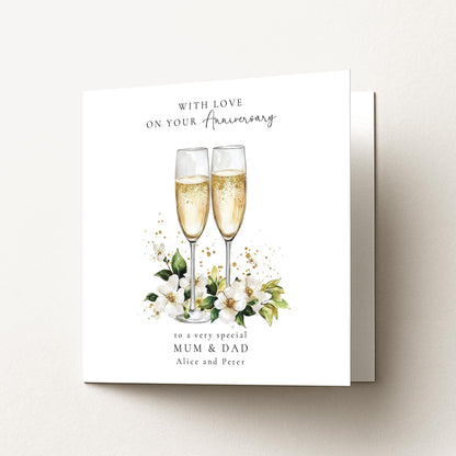 Anniversary Card for Mum and Dad, Personalised Parents Anniversary Card, Champagne Glasses Wedding Anniversary Card
