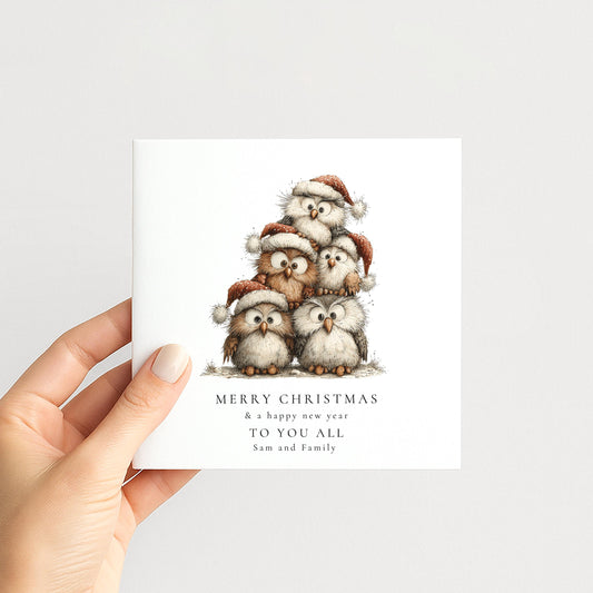 Family Christmas Card To You All, Cute Owl Christmas Card, Festive Animal Xmas Card, Group Christmas Card, Holiday Card Friends, Neighbours