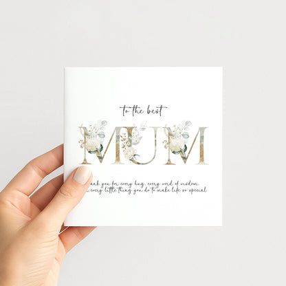 Elegant Floral Mum Birthday Mothers Day Card: Gold Lettering, Keepsake Design