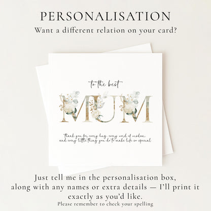 Elegant Floral Mum Birthday Mothers Day Card: Gold Lettering, Keepsake Design