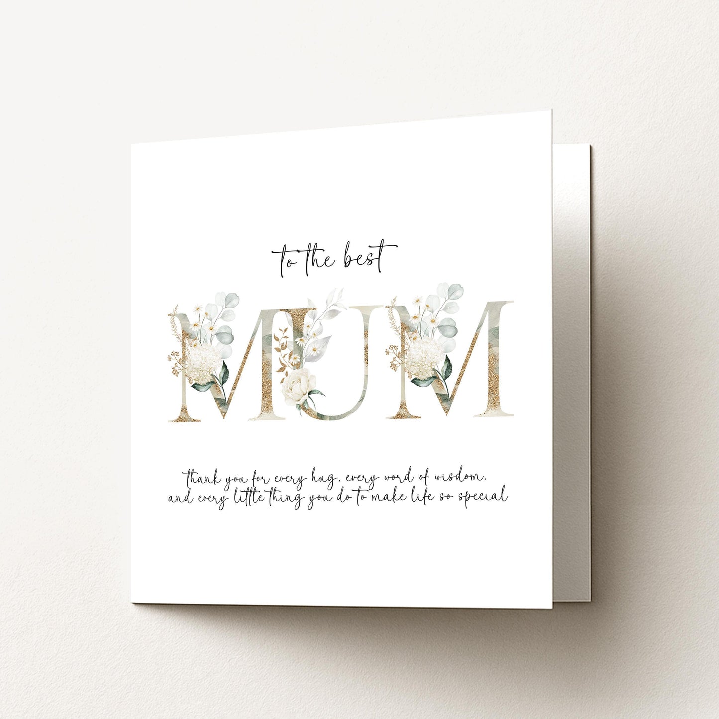 Elegant Floral Mum Birthday Mothers Day Card: Gold Lettering, Keepsake Design