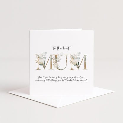 Elegant Floral Mum Birthday Mothers Day Card: Gold Lettering, Keepsake Design