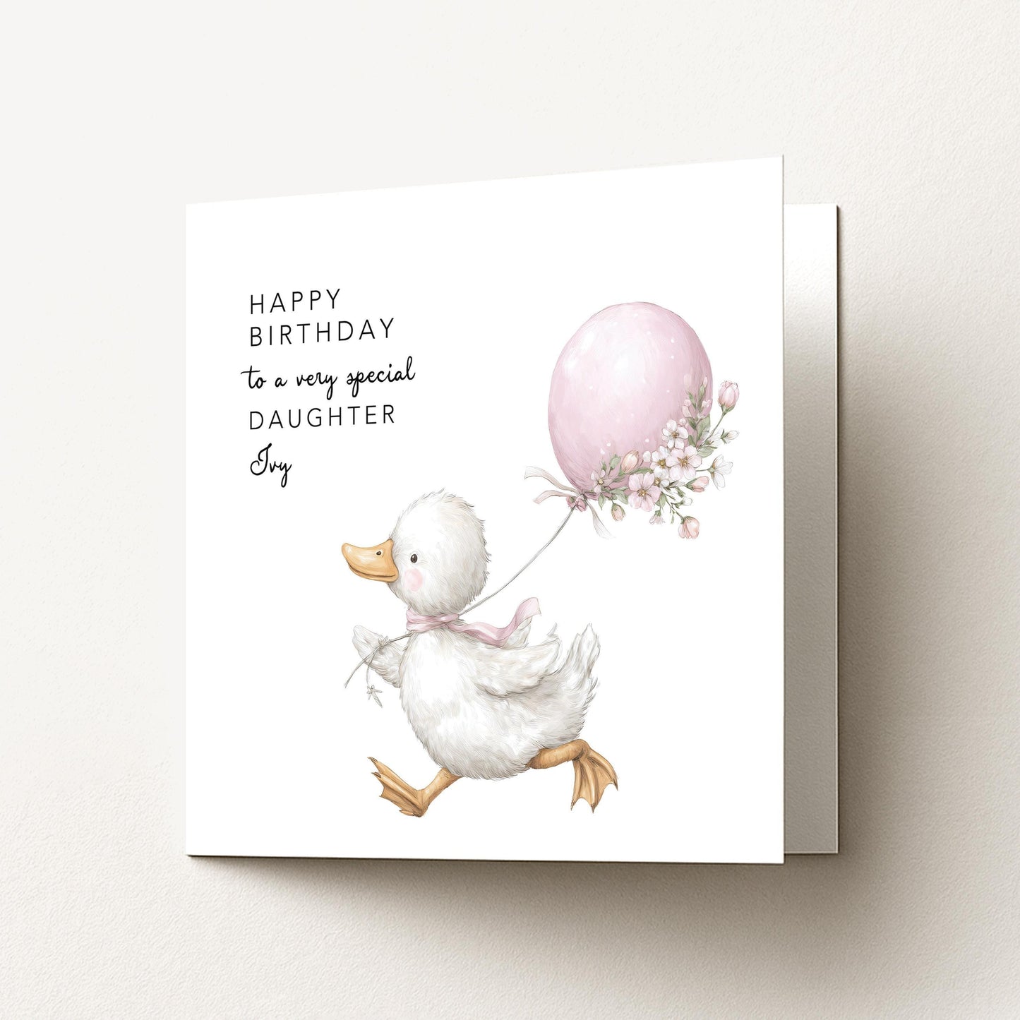 Daughter Birthday Card, Personalised Birthday Card for Daughter, Cute Duck & Balloon Design, Custom Name Birthday Greeting
