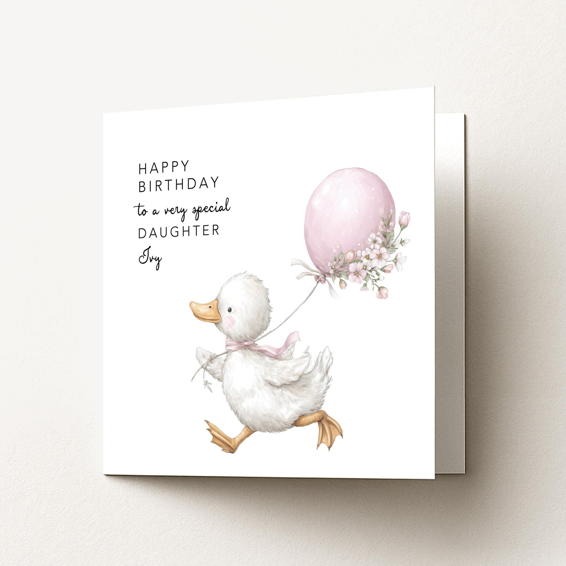 Daughter Birthday Card, Personalised Birthday Card for Daughter, Cute Duck & Balloon Design, Custom Name Birthday Greeting