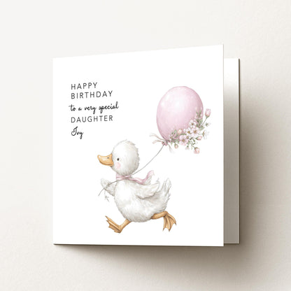 Daughter Birthday Card, Personalised Birthday Card for Daughter, Cute Duck & Balloon Design, Custom Name Birthday Greeting