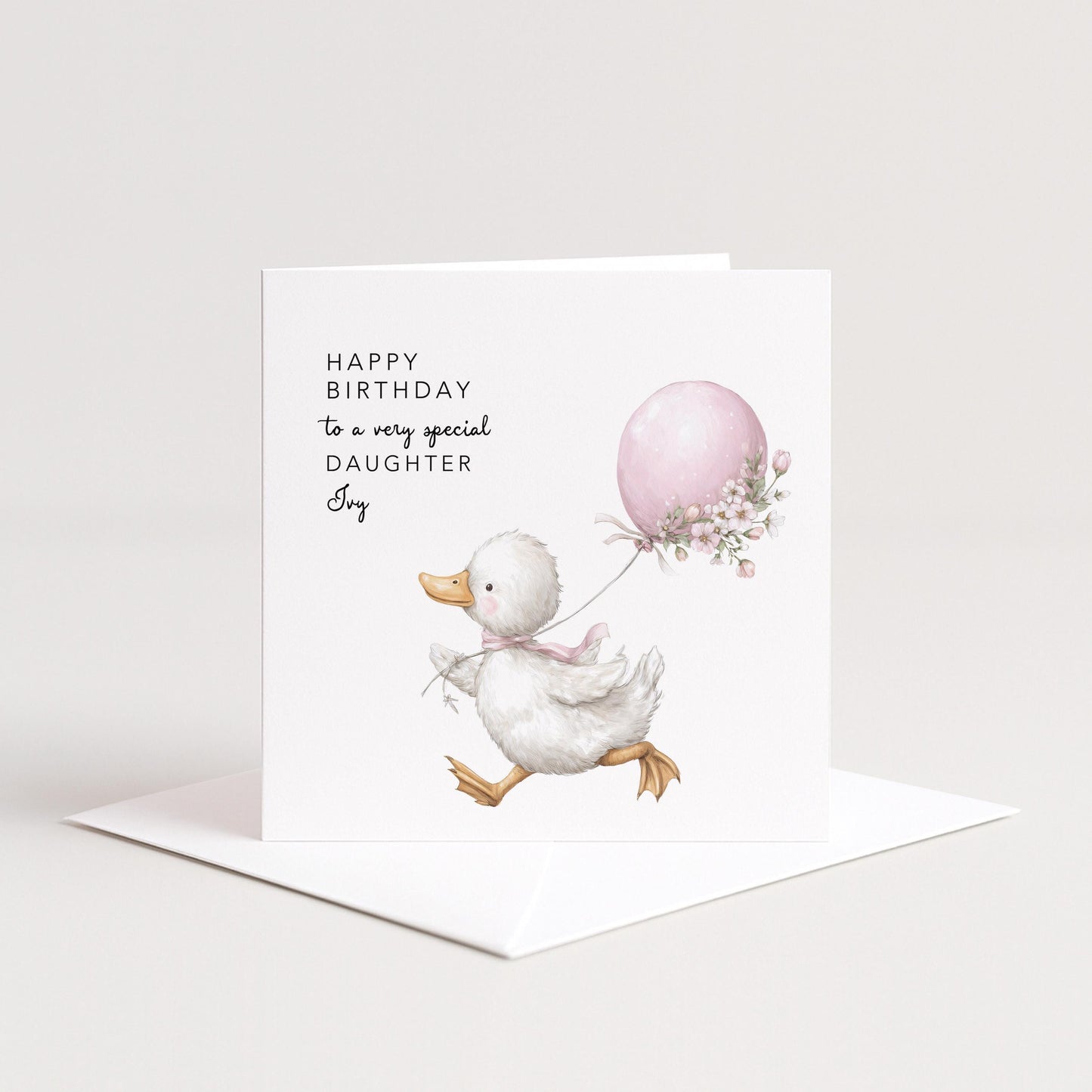 Daughter Birthday Card, Personalised Birthday Card for Daughter, Cute Duck & Balloon Design, Custom Name Birthday Greeting