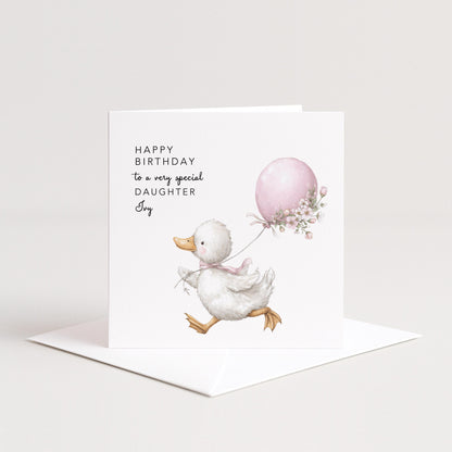 Daughter Birthday Card, Personalised Birthday Card for Daughter, Cute Duck & Balloon Design, Custom Name Birthday Greeting