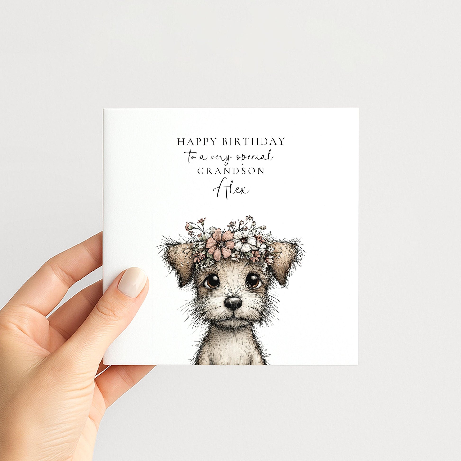 Grandson Birthday Card, Cute Puppy Birthday Card, Personalised Grandson Card, Floral Crown Dog Card, Printed Children’s Birthday Card