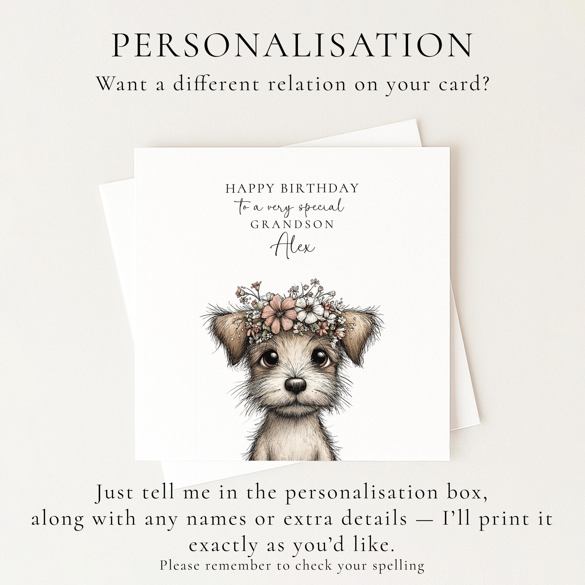 Grandson Birthday Card, Cute Puppy Birthday Card, Personalised Grandson Card, Floral Crown Dog Card, Printed Children’s Birthday Card