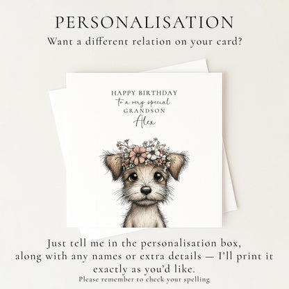 Grandson Birthday Card, Cute Puppy Birthday Card, Personalised Grandson Card, Floral Crown Dog Card, Printed Children’s Birthday Card