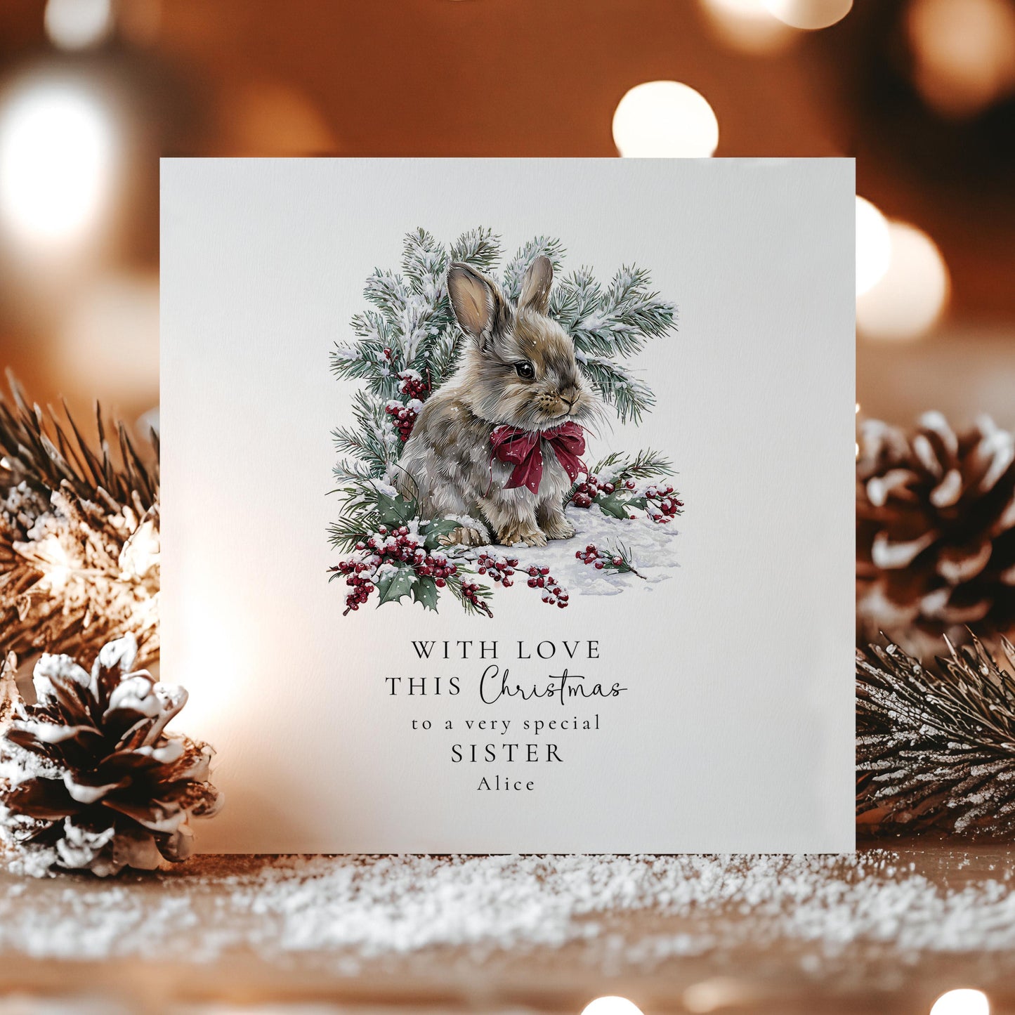 Personalised Christmas Card for Sister, Cute Bunny Xmas Card, Winter Rabbit Card, Sister Christmas Greeting