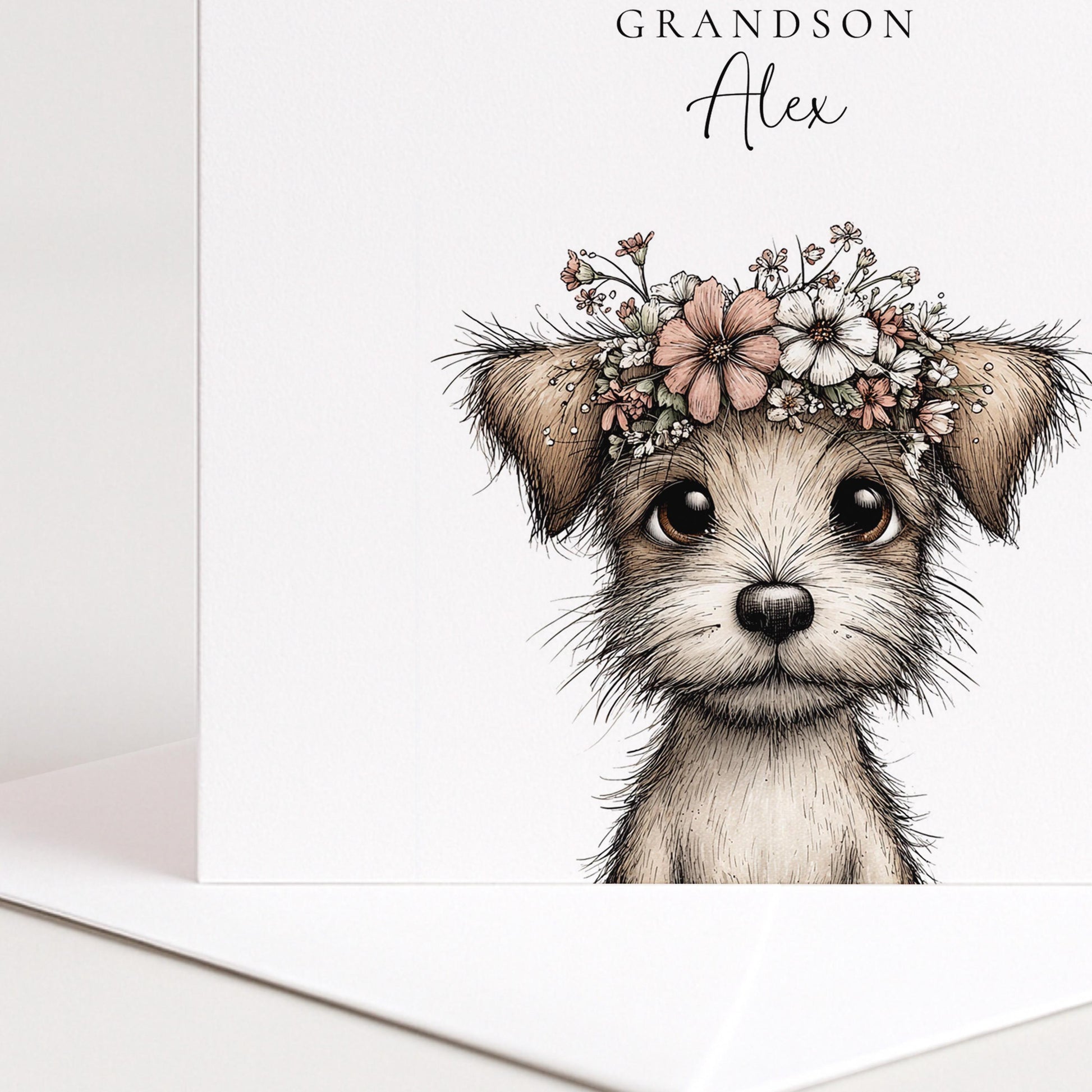 Grandson Birthday Card, Cute Puppy Birthday Card, Personalised Grandson Card, Floral Crown Dog Card, Printed Children’s Birthday Card