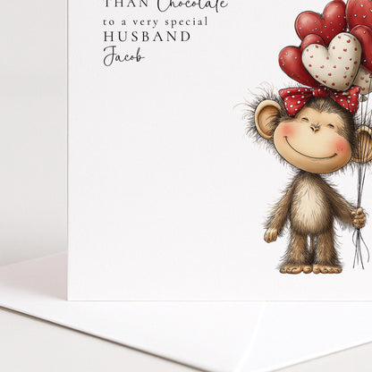 Husband Anniversary Card, Love You More Than Chocolate Card, Cute Monkey Love Card, Romantic Card for Husband