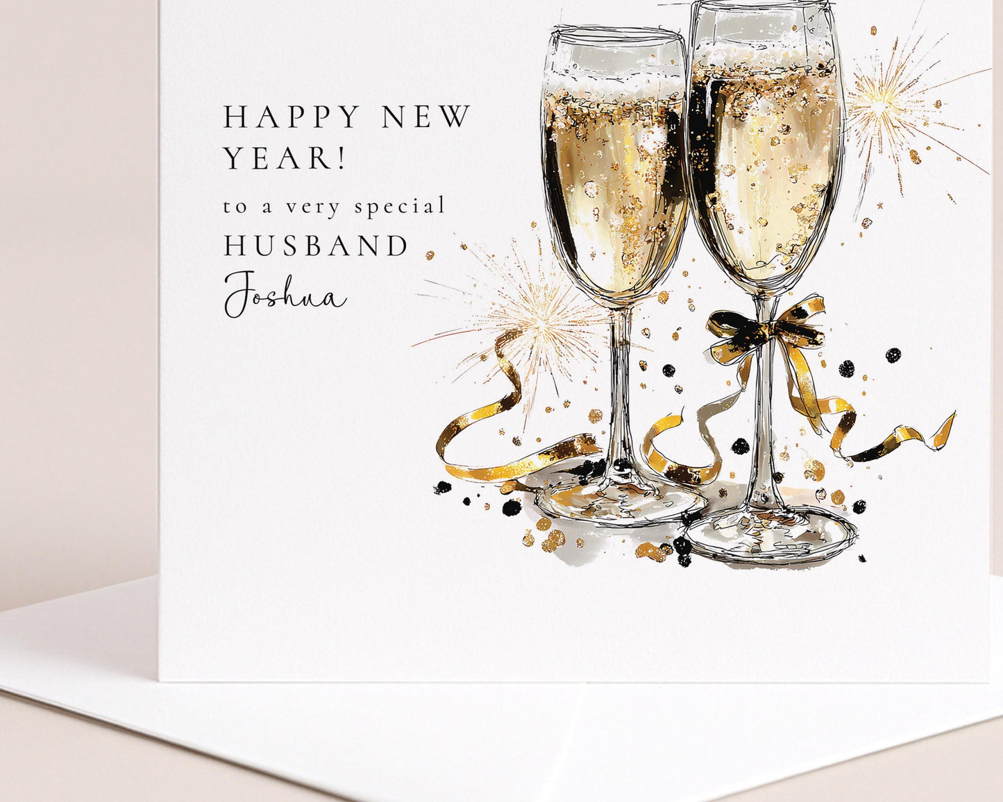 Husband New Year Card, Personalised Happy New Year Card, Champagne Glasses Card, Custom Name New Year Card for Husband, Printed Card UK