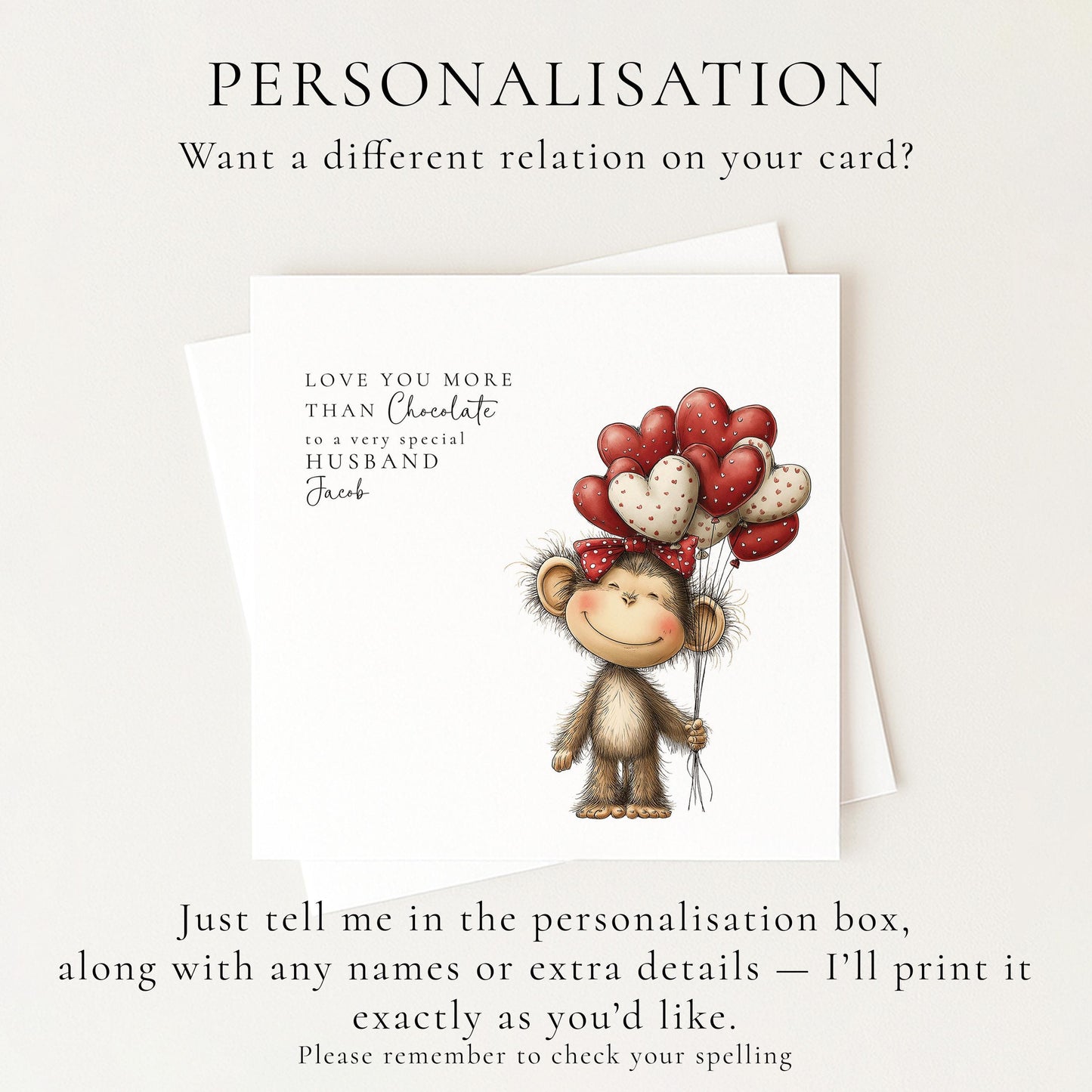 Husband Anniversary Card, Love You More Than Chocolate Card, Cute Monkey Love Card, Romantic Card for Husband