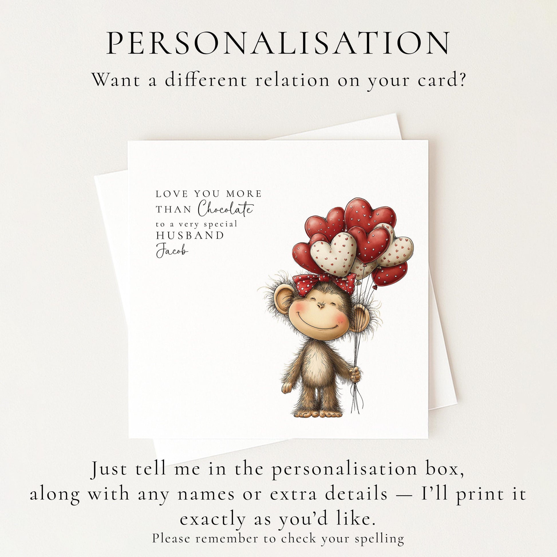 Husband Anniversary Card, Love You More Than Chocolate Card, Cute Monkey Love Card, Romantic Card for Husband