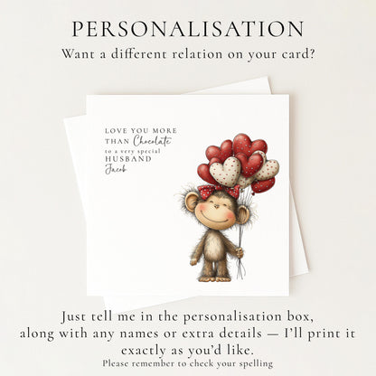 Husband Anniversary Card, Love You More Than Chocolate Card, Cute Monkey Love Card, Romantic Card for Husband