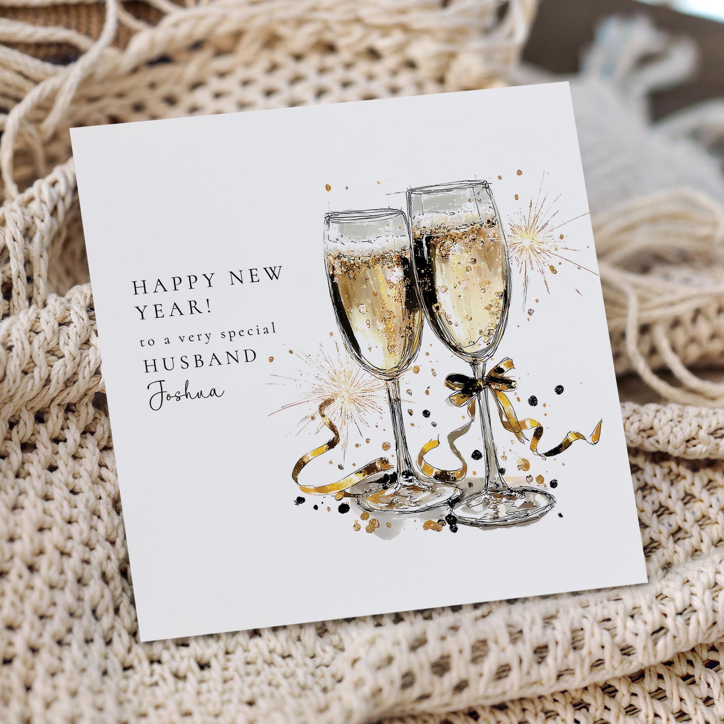 Husband New Year Card, Personalised Happy New Year Card, Champagne Glasses Card, Custom Name New Year Card for Husband, Printed Card UK