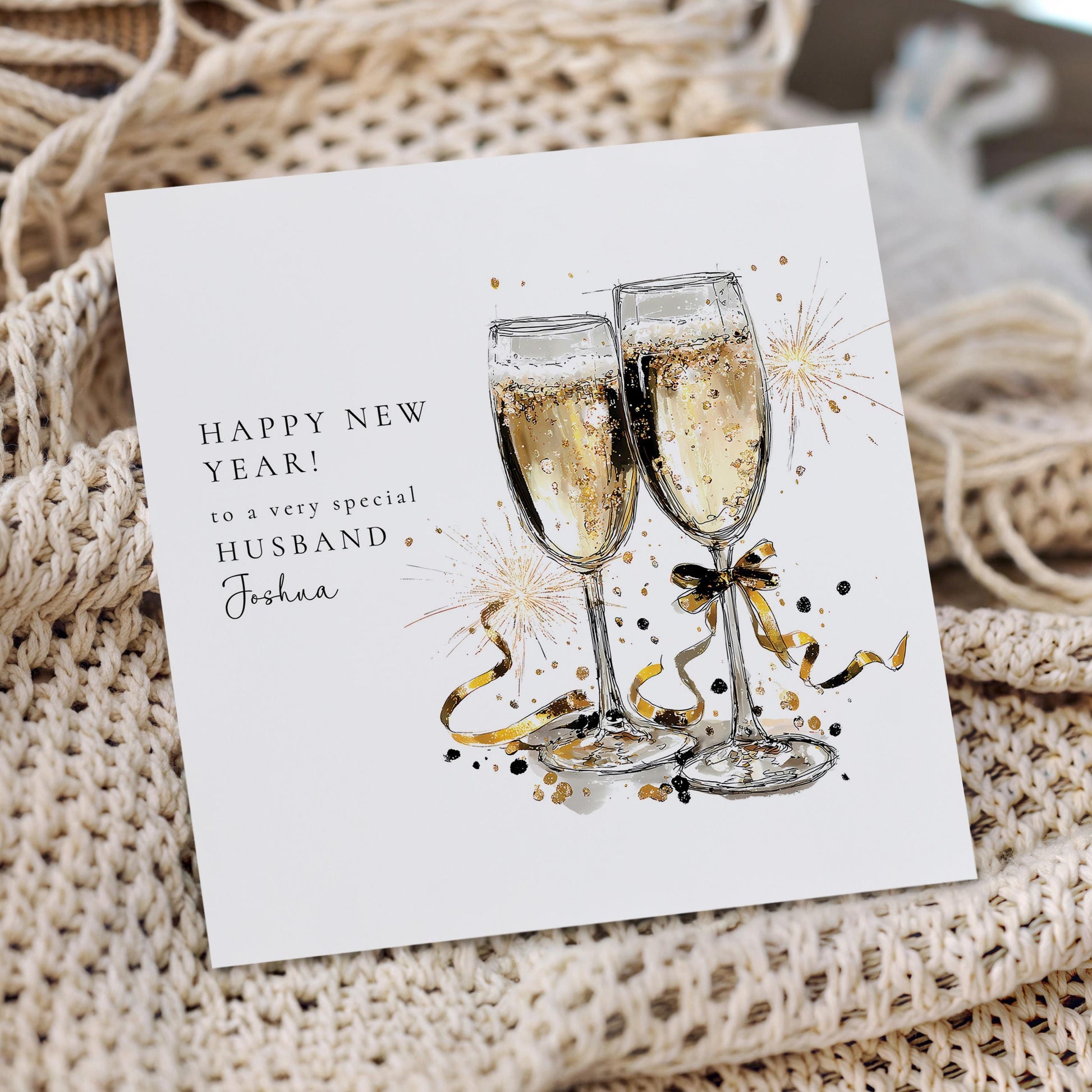 Husband New Year Card, Personalised Happy New Year Card, Champagne Glasses Card, Custom Name New Year Card for Husband, Printed Card UK