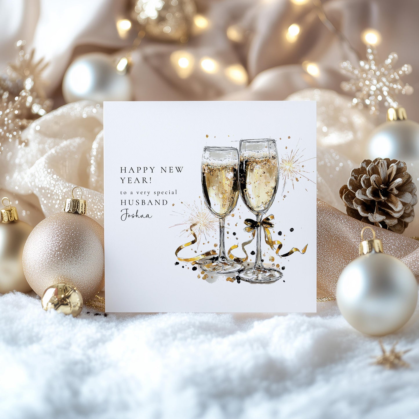 Husband New Year Card, Personalised Happy New Year Card, Champagne Glasses Card, Custom Name New Year Card for Husband, Printed Card UK