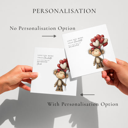 Husband Anniversary Card, Love You More Than Chocolate Card, Cute Monkey Love Card, Romantic Card for Husband